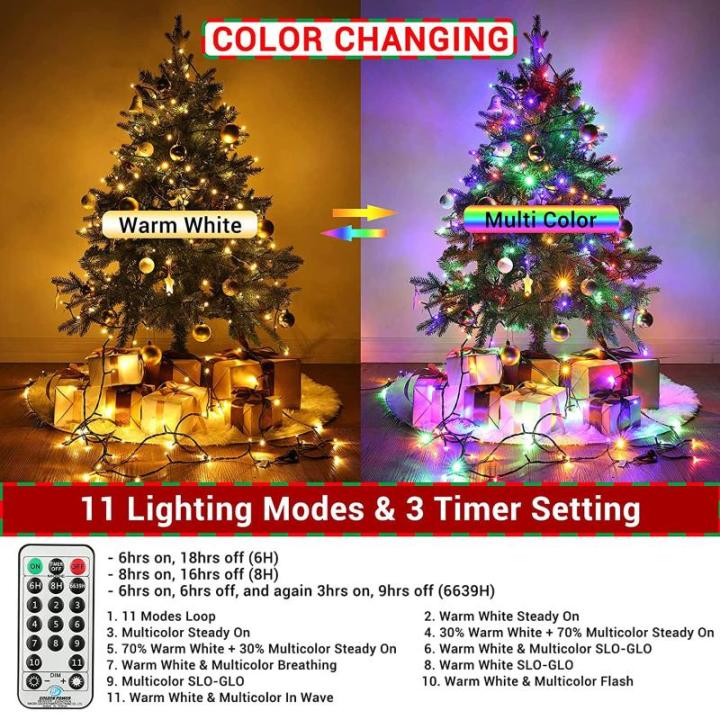 Kerstverlichting kerstboom 20 m 200 LED kerstverlichting buiten/ op stroom, warmwit en kleurrijk lichtsnoer, 11 modi, timer en geheugenfunctie, groene kabel, kerstdecoratie