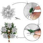 20 Stück Weihnachten Glitzer Weihnachtsstern Blumen mit Clips, Poinsettia Weihnachtsblume Glitzernde für Weihnachtsbaum Dekorationen (Silber)