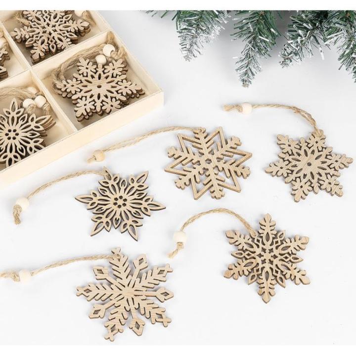 20 Kerstversiering hout,7,5cm sneeuwvlokken houten hanger,5 designs kerstboomversiering hout,onafgewerkte houten kerstversiering,vintage kerstboomversiering met henneptouw en bewee