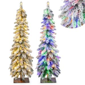 120 cm potlood, kerstboom met sneeuw, leds in warm wit en kleurrijk, 11 lichtmodi, timer, kunstkerstboom met verlichting en metalen standaard, kerstboom voor Kerstmis, wit