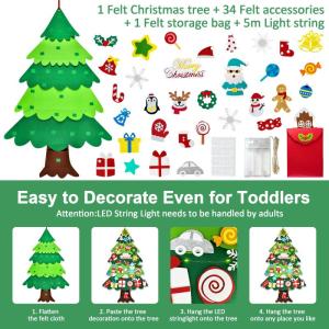 Vilten kerstboom voor kinderen, 3,3FT DIY muur opknoping kerstboom set, kinderen vilten kerstboom met 34 ornamenten en 5 m licht touw, ideaal voor thuis deur raam decoratie