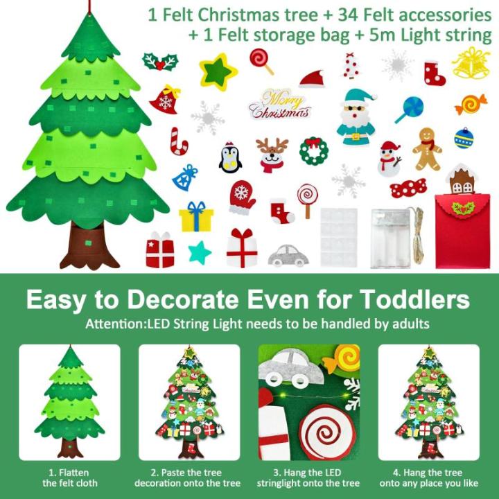Vilten kerstboom voor kinderen, 3,3FT DIY muur opknoping kerstboom set, kinderen vilten kerstboom met 34 ornamenten en 5 m licht touw, ideaal voor thuis deur raam decoratie