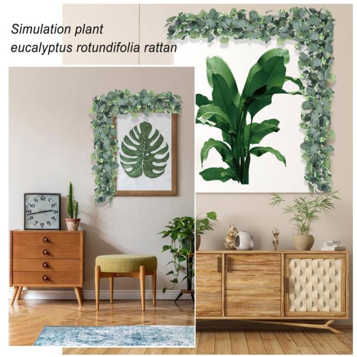 2 stuks eucalyptus slinger, kunstslinger, plant 1,8 m, hangende groene bladeren, decoratie met witte bloemen, zilveren dollar, eucalyptusranken, voor achtergrond, bruiloft, boog, g