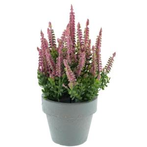 Erika Calluna Kunstbloem in grijze pot, heide, 13x19cm, herfstbloem, kunstplant (roze)