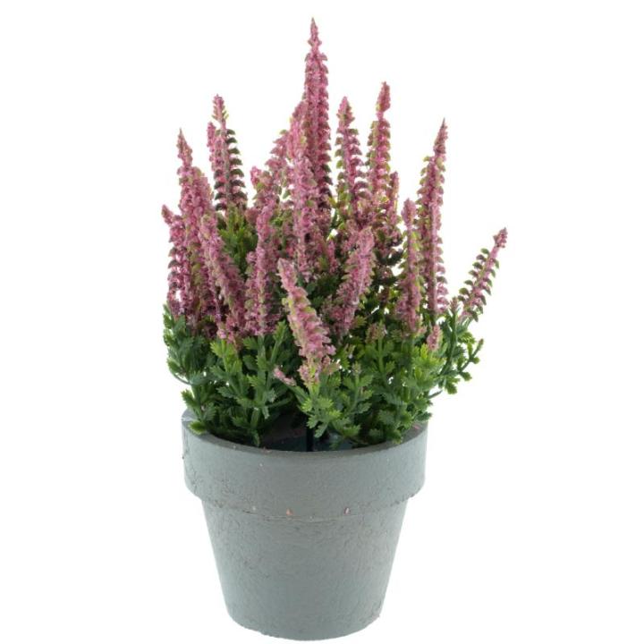 Erika Calluna Kunstbloem in grijze pot, heide, 13x19cm, herfstbloem, kunstplant (roze)