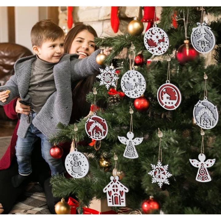 18er Christbaumschmuck aus Holz,Weihnachtsbaumschmuck Deko Holz 9 Designs Weihnachtsbaum Anhänger mit Hanfseilen und Beweglichen Holzperlen,Holzanhänger zum Basteln Rentier Weihn