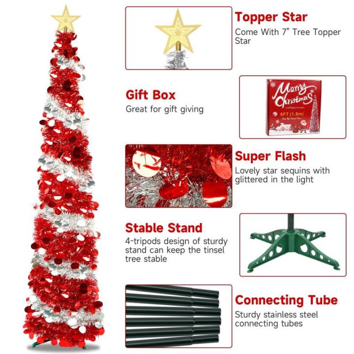 Pop Up Kerstboom, 180 cm, kunstkerstboom met sterkant, opvouwbare versiering, dennenboom met pailletten, decoratieve boom voor kerstdecoratie, binnenruimtes