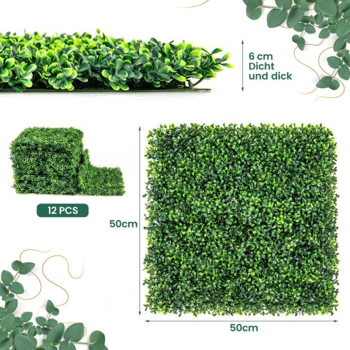 12 stuks kunstheggen, plantenwand, 50 x 50 cm, panelen met buxusbladeren, gesimuleerd gazon, kunstplant, uv-bescherming, kunstplant, decoratie voor muur, balkon, tuin, groen