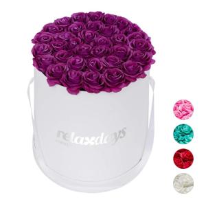 Rozenbox rond, 34 rozen, stabiele bloemenbox, wit, lang houdbaar, cadeau-idee, decoratieve bloemenbox, paars, 33 x 32 x 32 cm