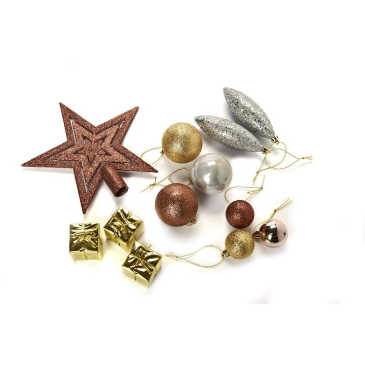 Kerstboomversiering - goud/bruin/parelmoer - 60-delig - set incl. boompunt, ballen, parelketting, slinger en sterren - kunststof