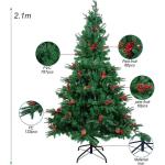 2,1 m kerstboom met dennenappels en bessen, PVC kunstmatige kerstboom met metalen standaard, kerstboom voor binnen buiten, groen