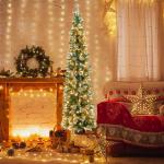 Künstlicher Bleistiftbaum 210 cm mit 150 LED-Lichtern, Halber Weihnachtsbaum mit 403 Zweige & Metallständer, Christbaum Tannenbaum Weihnachtsdekoration für Haus Geschäfte Büro