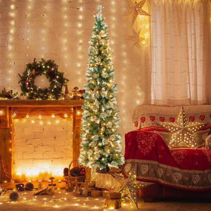 Künstlicher Bleistiftbaum 210 cm mit 150 LED-Lichtern, Halber Weihnachtsbaum mit 403 Zweige & Metallständer, Christbaum Tannenbaum Weihnachtsdekoration für Haus Geschäfte Büro