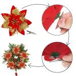 20 Stück Weihnachten Glitzer Weihnachtsstern Blumen mit Clips, Poinsettia Weihnachtsblume Glitzernde für Weihnachtsbaum Dekorationen (Gold Rot)