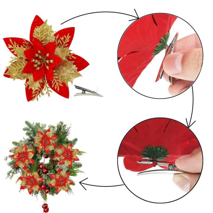 20 Stück Weihnachten Glitzer Weihnachtsstern Blumen mit Clips, Poinsettia Weihnachtsblume Glitzernde für Weihnachtsbaum Dekorationen (Gold Rot)