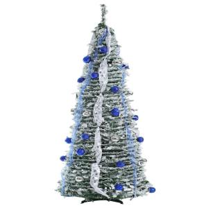 Künstlicher, vordekorierter, beleuchteter Pop-up-Weihnachtsbaum mit hängenden Kugeln für Weihnachtsdekoration (Blau und Weiß), 1,8 m
