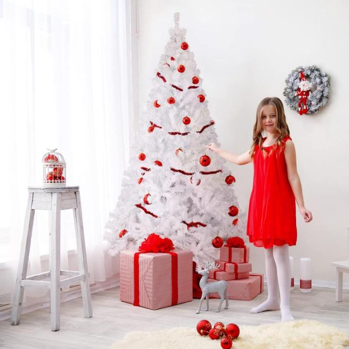 Kunstkerstboom, 180 cm, wit, kunstdennenboom met handschoenen en metalen standaard, kerstversiering voor binnen
