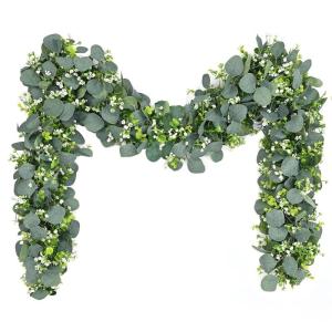 2 stuks kunstmatige eucalyptus slingers, slingers, slinger met groene bladeren, witte bloemen, slinger, kunstplant, hangplant voor achtergrond, bruiloft, decoratie, tafelloper, mid