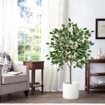 Benjamini Ficus, , grote kunstboom, kamerplant, decoratie met afneembare echte houten stam, voor kantoor, decoratie, slaapkamer, eetkamer, binnen, buiten, groen, 120 cm