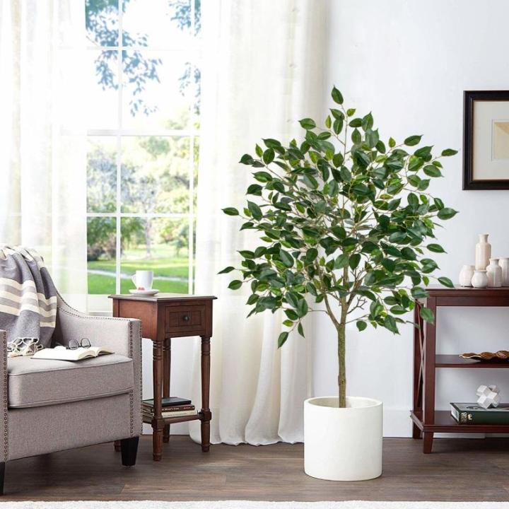 Benjamini Ficus, , grote kunstboom, kamerplant, decoratie met afneembare echte houten stam, voor kantoor, decoratie, slaapkamer, eetkamer, binnen, buiten, groen, 120 cm
