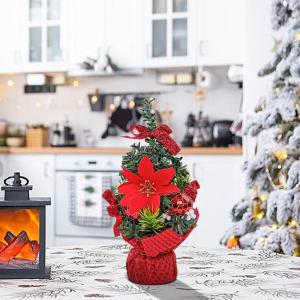 20 cm kleine kerstboom, kunsttafelkerstboom, miniatuurdennenboom met rode strikballen en bessen, tafelblad dennenboom voor kerstdecoratie
