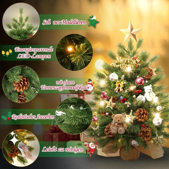 Mini-kerstboom met warmwitte verlichting, led, kleine kerstboom, kunstmatig versierd, voor kerstdecoratie, 60 cm, tafel, kerstboom, typre C-Pure PE kerstboom