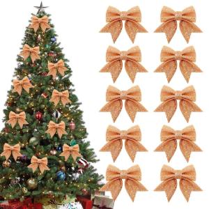 10 stuks roségouden strikken, kerststrikken, glitter-kerstboomstrikken, kerstboomversiering voor familiefeesten, feestdecoratie voor Kerstmis, vakantie, bruiloft, feesten