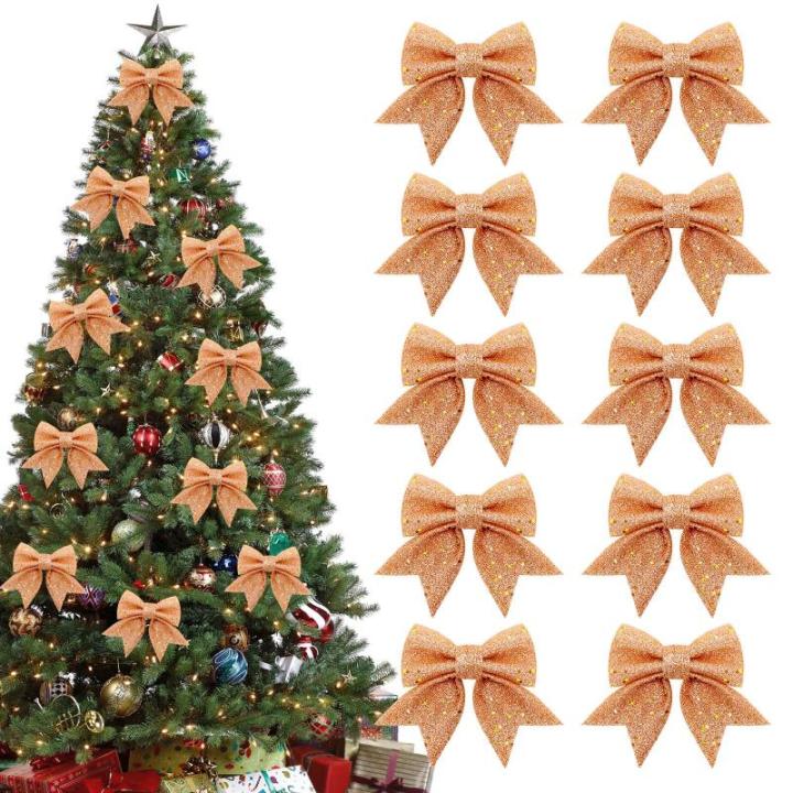 10 stuks roségouden strikken, kerststrikken, glitter-kerstboomstrikken, kerstboomversiering voor familiefeesten, feestdecoratie voor Kerstmis, vakantie, bruiloft, feesten