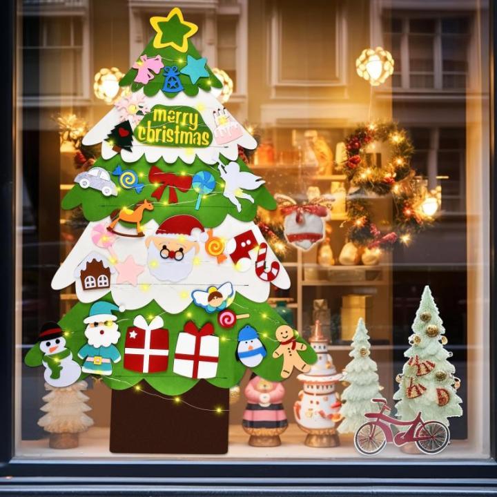 Vilten kerstboom voor kinderen, doe-het-zelf vilten kerstboomset, 3.2ft vilten kerstboom voor peuters met 30 stuks afneembare ornamenten en 5M LED-verlichting, wandhangende vilten 