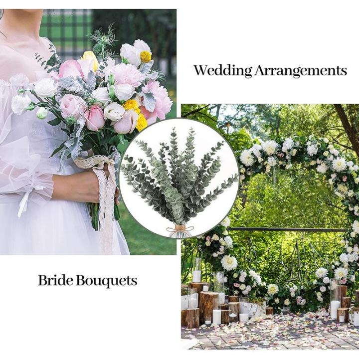 24 stuks eucalyptus kunstmatige, donkergroene kunstmatige eucalyptusplant, bladeren, decoratie, zilveren dollar voor bruiloftsfeesten, feesten, thuis, tafeldecoratie, bloemenarrang
