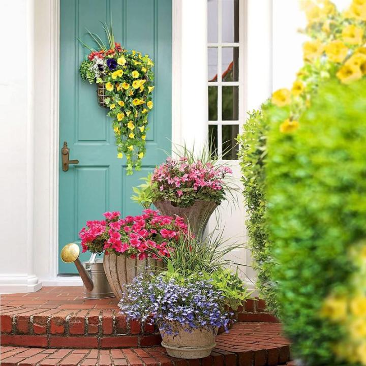 2 stuks kunstmatige blauweregen wijnstok kunstmatige hangende bloemen nepplanten voor tuin hek balkon buiten binnen decoratie (geel bloemgroen, 90 cm)