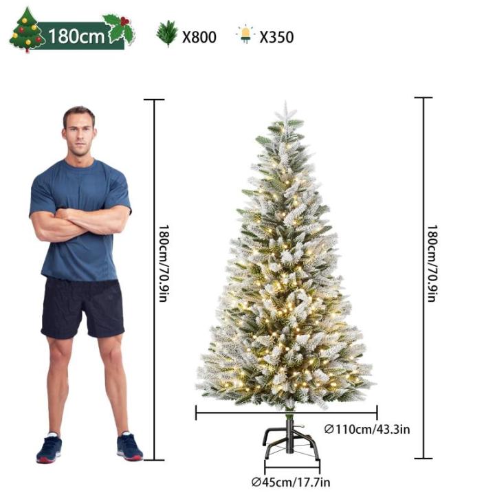 Kunstkerstboom met verlichting, 180 cm, natuurgetrouw, met flockpunten en metalen houder, kerstboom, kerstdecoratie