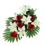 Boeket met kunstlelies en rozen, , oplegger, boeket, bloem, tafeldecoratie, bloemstuk, decoratie, grafdecoratie, grafdecoratie, begraafplaats, begraafplaats, begraafplaats,