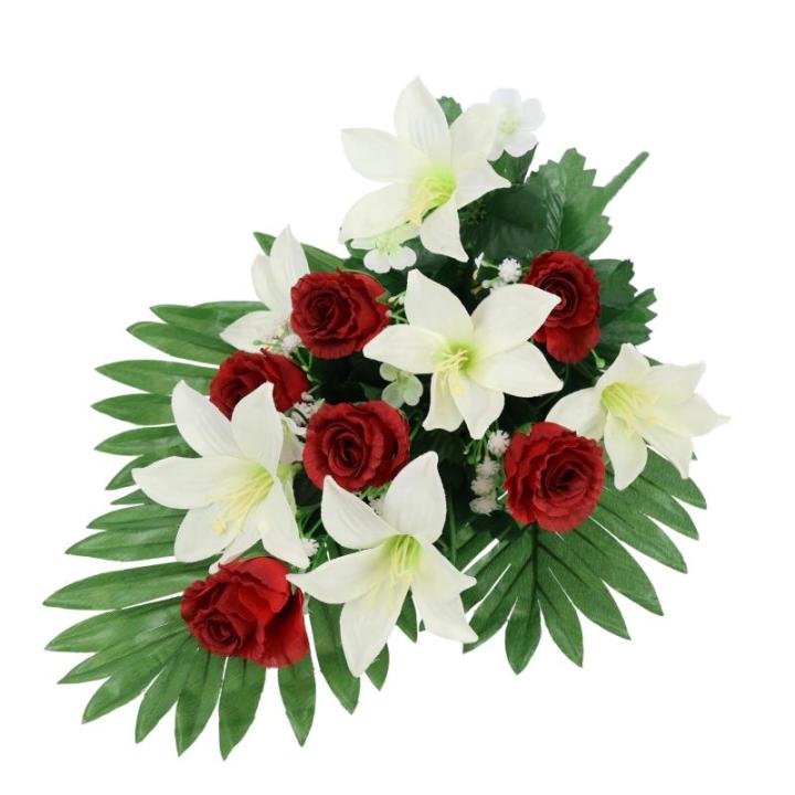Boeket met kunstlelies en rozen, , oplegger, boeket, bloem, tafeldecoratie, bloemstuk, decoratie, grafdecoratie, grafdecoratie, begraafplaats, begraafplaats, begraafplaats,