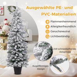 Schlanker Künstlicher Weihnachtsbaum 150 cm, Beleuchteter Beflockter Weihnachtsbaum mit 120 LED-Lichtern & beflocktem Schnee, Tannenbaum mit Zementbasis, für Innen- & Außenberei