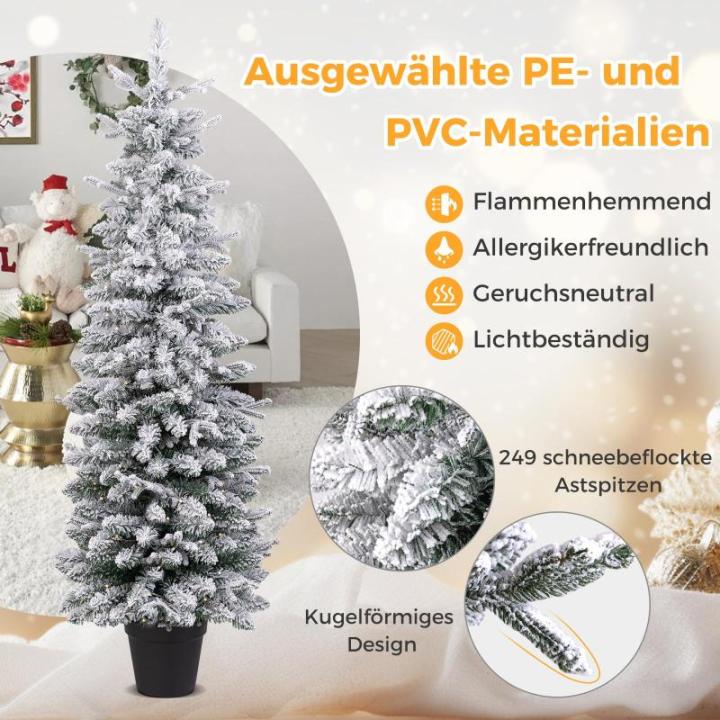 Schlanker Künstlicher Weihnachtsbaum 150 cm, Beleuchteter Beflockter Weihnachtsbaum mit 120 LED-Lichtern & beflocktem Schnee, Tannenbaum mit Zementbasis, für Innen- & Außenberei