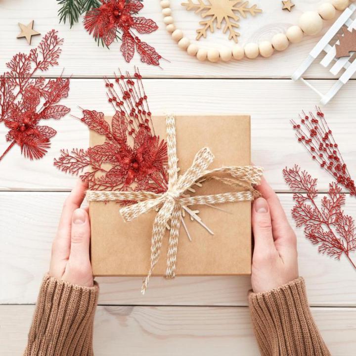 28 stuks kerst glitter bloemen bessen stelen kunstmatige kersttakken kerstboomversiering kunsttakken kerstboom plukken voor doe-het-zelf vakantie handwerk krans thuis decoratie (ro
