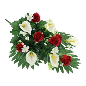 Grableger grafdecoratie met kunstrozen en calla, 48 cm, kunstbloem, grafdecoratie, begraafplaats, begraafplaats, decoratie, rouwdecoratie, bloemstuk, tafeldecoratie, bloemstuk, zij