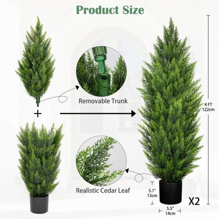 Künstliche Zedernbäume, UV-beständig, künstliche Sträucher, Zypressen, 14 cm breit, robuste Töpfe für Zuhause, Innen- und Außenbereich, Terrassentür, 1,2 m, 2 Stück
