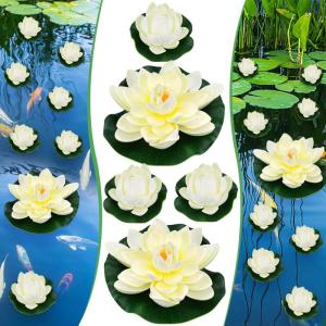 Kunstwaterlelie, 5 stuks, 10 cm en 18 cm, drijvende bloemen, waterlelie, wit, waterlelie, kunstbloemen, lotusbloem, kunstlotus, kunstdecoratie voor tuinvijver, decoratie