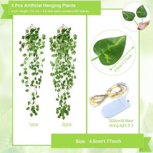 3 stuks kunstmatige hangende planten 1,1 m nep klimop wijnstok bladeren opknoping planten slinger met 3 stuks 30 LED snaren voor muur huis tuin bruiloft slinger buiten decoratie, g