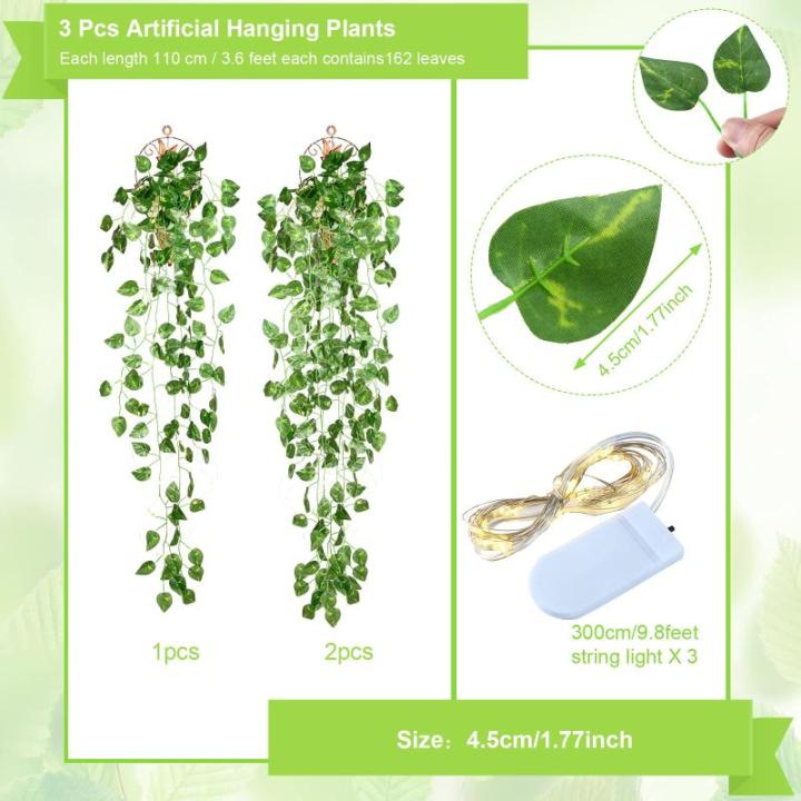 3 stuks kunstmatige hangende planten 1,1 m nep klimop wijnstok bladeren opknoping planten slinger met 3 stuks 30 LED snaren voor muur huis tuin bruiloft slinger buiten decoratie, g