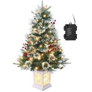 Kunstkerstboom, 90 cm, met 78 verlichting, sneeuwvlokken, op batterijen, pre-lit premium met rode bessen, kerstdecoratie voor thuis, kantoor, witte basis