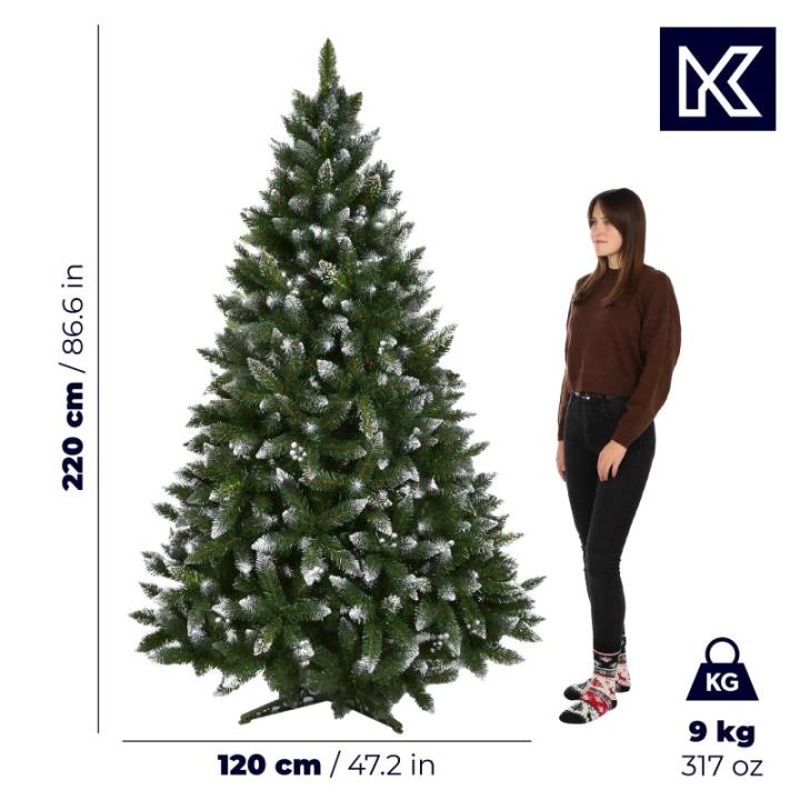 Kunstkerstboom met zilveren kralen en rijp, 220 cm dennenboom van pvc, groene kerstboom met 535 takken, kunststof standaard, Ø ca. 120 cm (premium sneeuwvlok 220 cm)