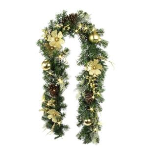 Kerstslinger met led-lichtketting, magnolia, dennenboom, ballen, bessen, dennen, kunstdecoratie, slinger, kerstslinger, kerstdecoratie, X'Mas