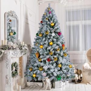 Kunstkerstboom 228 cm (Ø ca. 140 cm) met ca. 1284 punten, dennenboom met sneeuwvlokken, materiaal PVC, incl. metalen kerstboomstandaard, automatische flocking