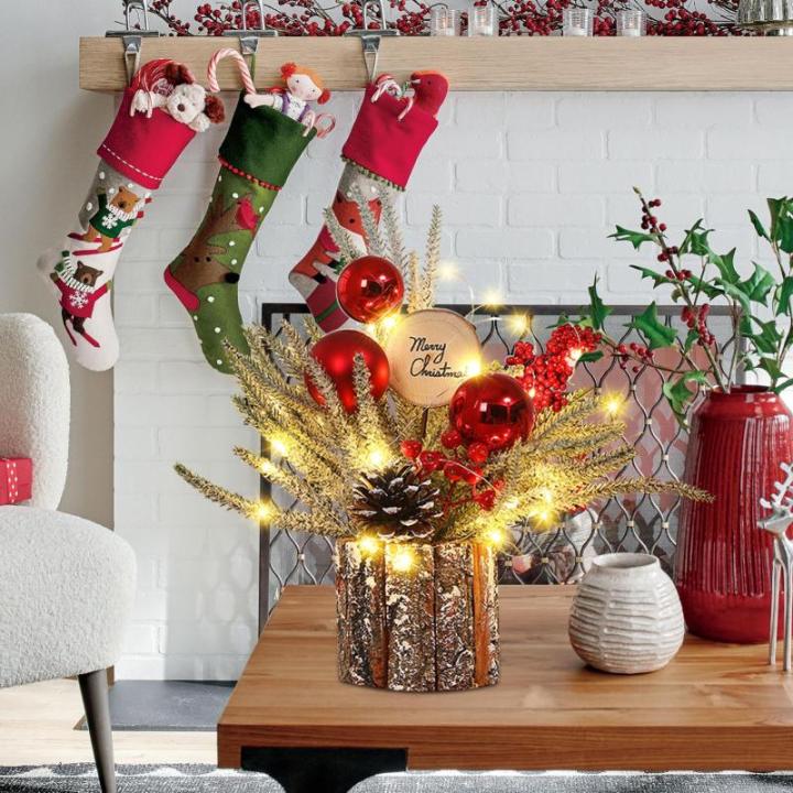 LED Weihnachtsbaum Deko,37CM Kleiner Weihnachtsbaum mit Beleuchtung Kleiner Tannenbaum Künstlich mit Tannenzapfen Beere Weihnachtsbaum Holz Weihnachtsgesteck für Tischdeko Weihna