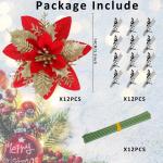 12 stuks kerstster glitter kerstster goud rood kunstbloemen decoratie, kerstster kunstbloemen met clips + voorbouwstukken, kerstbloemen voor Kerstmis, bruiloft, tuin, Nieuwjaar
