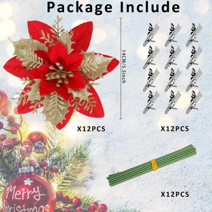 12 stuks kerstster glitter kerstster goud rood kunstbloemen decoratie, kerstster kunstbloemen met clips + voorbouwstukken, kerstbloemen voor Kerstmis, bruiloft, tuin, Nieuwjaar