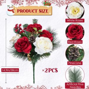 Künstliche Blumen, 2 Bündel, Weihnachtsrosensträuße, Seidenrosen mit Beeren, Tannenzapfen, Winterblumenarrangements für Zuhause, Tischdekoration, Innen- und Außenbereich, Wei